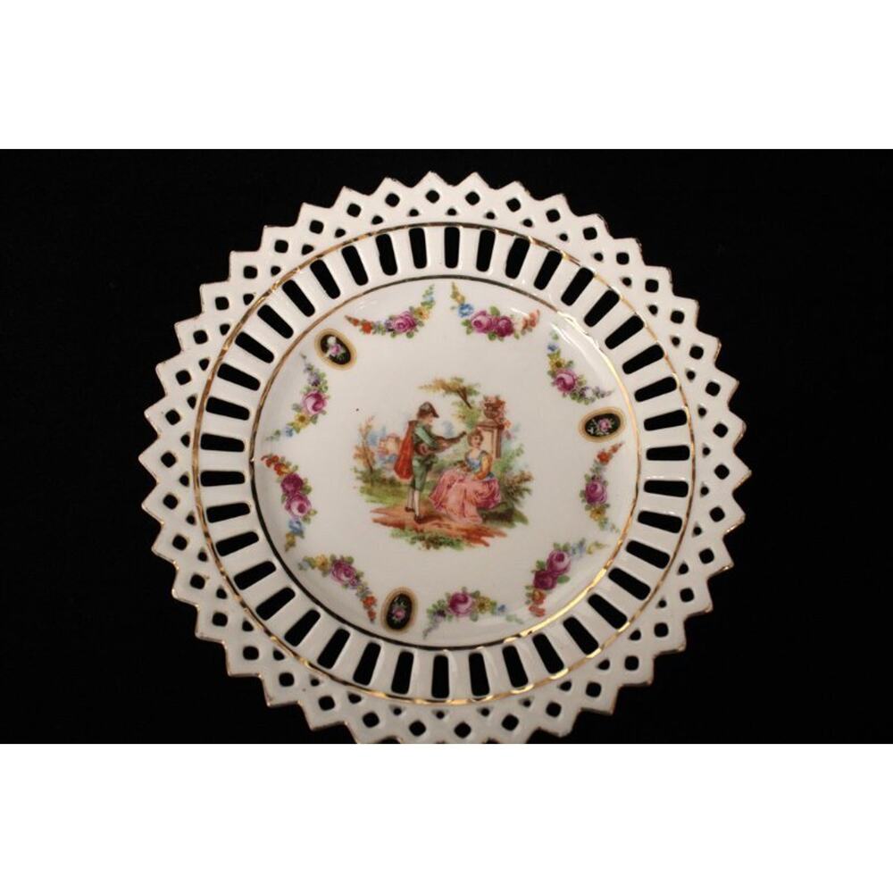 Reticulated Porcelain Plates Germany Rococo Courting Couple Fragonard Pierced pr - Picture 3 of 6